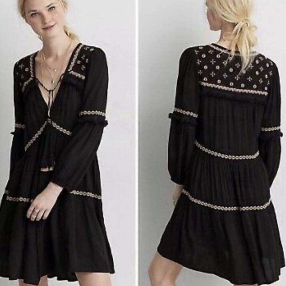 American Eagle Embroidered Tassel Black Long Sleeve Boho Tunic Mini Dress Small